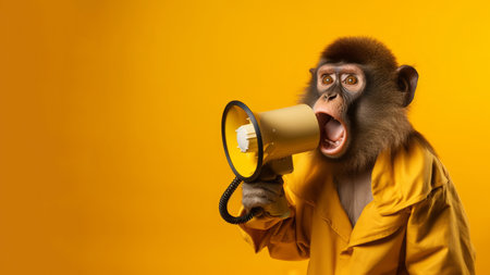 Monkey with a megaphone on a yellow background. The concept of advertising, ads. Generative AIの素材