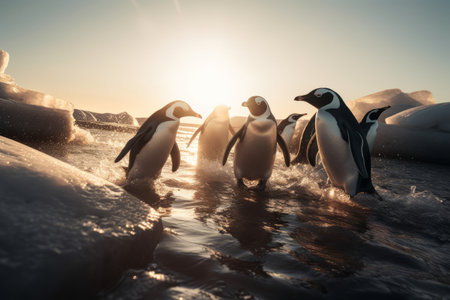 A group of penguins stand on the shore of the ocean. A family of penguins. Generative AIの素材