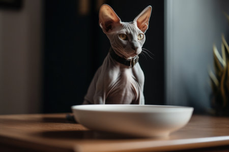 Portrait of a cute cat looking away. Don Sphynx breed cat. Generative AIの素材