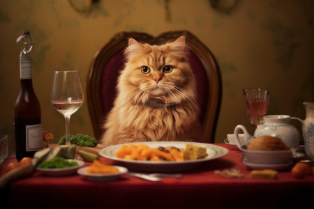 Cute cat sitting at the table with food and drinks. Generative AIの素材