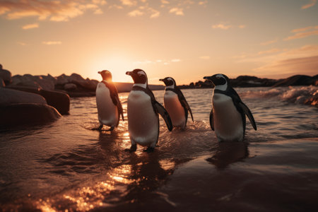 A group of penguins stand on the shore of the ocean. A family of penguins. Generative AIの素材