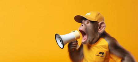 Monkey with a megaphone on a yellow background. The concept of advertising, ads. Generative AIの素材