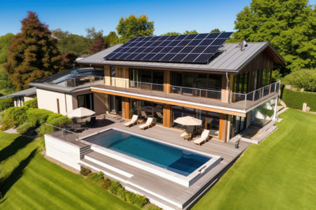 Solar panels on roof of the house renewable energy . Generative AIの素材