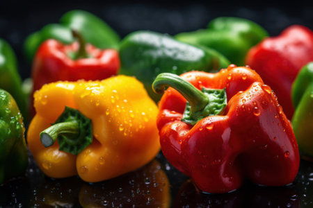 Group of colorful pepper with drops of water on black background. Generative AIの素材