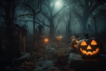 Halloween Pumpkins in a cemetery on a spooky night. Halloween background. Generative AIの素材