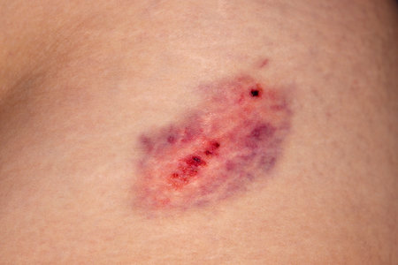 Closeup Bruise on wounded woman leg skin. Domestic violenceの写真素材