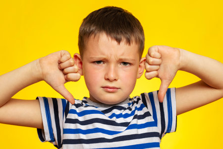 Boy in striped t-shirt showing thumbs down gesture with two hands on yellow