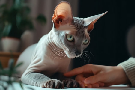 Portrait of a cute cat looking away. Don Sphynx breed cat. Generative AIの素材