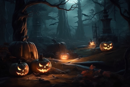 Halloween Pumpkins in a cemetery on a spooky night. Halloween background. Generative AIの素材