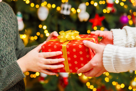 Hands of parent giving Christmas gift to child on Christmas tree backgroundの写真素材