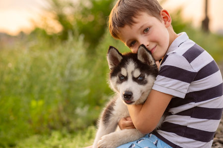 A little boy in a striped t-shirt lovingly hugs his pet husky dog outdoorsの写真素材