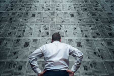A man is standing in front of newspaper wall and reading the daily updatesの写真素材