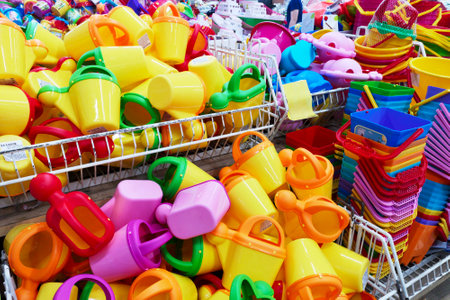 Plastic beach toys for sale in a toys shop.の写真素材
