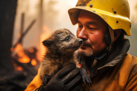 A firefighter or volunteer in a protective suit holds in his arms a bear cubの素材