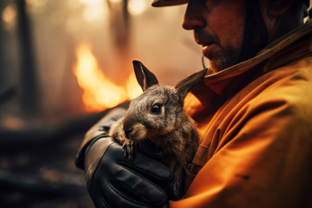 A firefighter or volunteer in a protective suit holds in his arms a rabbitの素材
