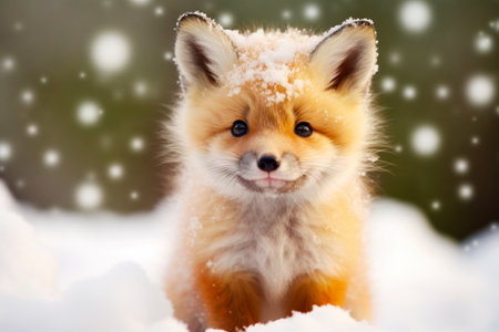 Portrait of cute red fox cub in the snow in winter timeの素材