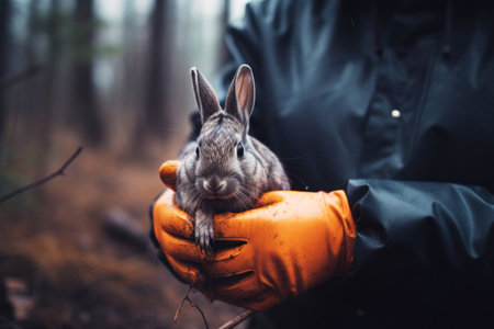 A firefighter or volunteer in a protective suit holds in his arms a rabbitの素材