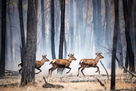 Deer are running from the burning forest.の素材