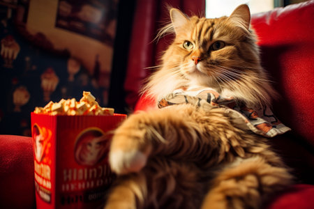 Cat eating popcorn and watching an exciting premiere of a new movie in cinemaの素材