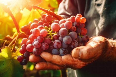 Farmer holds freshly picked ripe juicy grape in his handsの素材