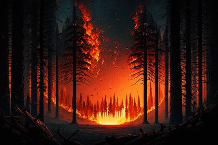 Forest fire. Burning forest, fire season.の素材