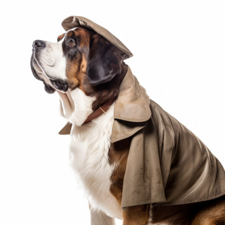 St. Bernard dog in a tailored suit for walking outdoors on a white backgroundの素材