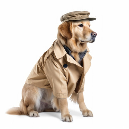 Golden Retriever dog in a tailored suit for walking outdoors on white backgroundの素材
