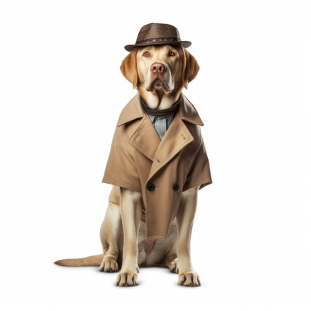 Golden Retriever dog in a tailored suit for walking outdoors on white backgroundの素材