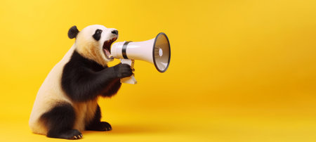 Panda with loudspeaker on yellow backgroundの素材