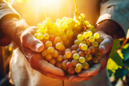 Farmer holds freshly picked ripe juicy grape in his handsの素材