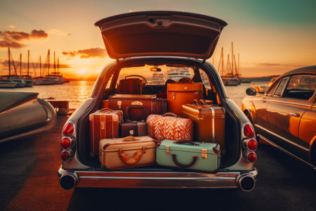 Retro car with luggage in trunk at sunsetの素材