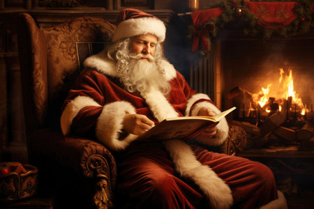 Santa Claus reading childrens letters while resting in an armchair in his houseの素材