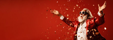 Cool trendy old man in sunglasses with white beard on red background with confettiの素材