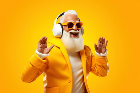 Cool trendy old man in sunglasses and headphones with white beardの素材