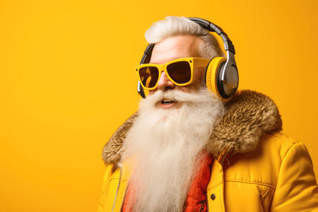 Cool trendy old man in sunglasses and headphones with white beardの素材