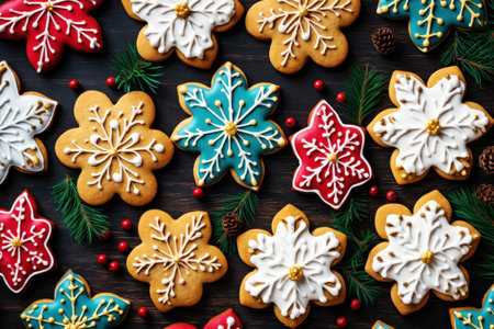Christmas cookies and pine branches as a colorful Christmas backgroundの素材