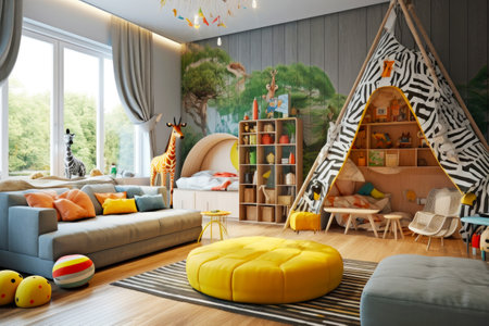 Stylish playroom interior with modern furniture, toys, games for kidsの素材