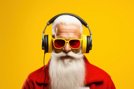 Cool trendy old man in sunglasses and headphones with white beardの素材