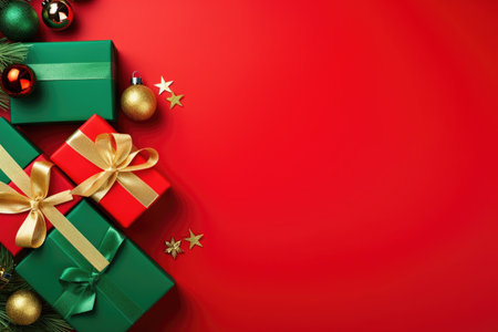 Christmas balls, presents, pine branches and cones on red backgroundの素材