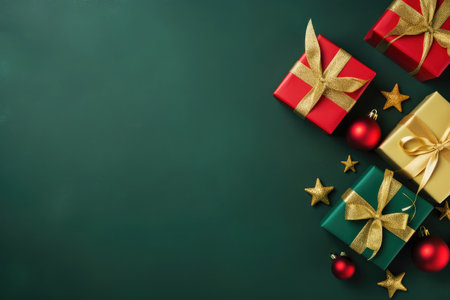 Christmas balls, presents and golden stars on green backgroundの素材