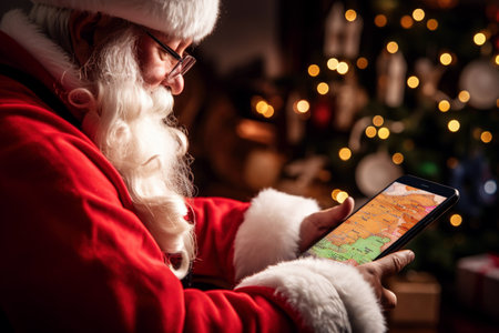 Santa Claus uses a tablet computer to order gifts and use GPS to find addressesの素材