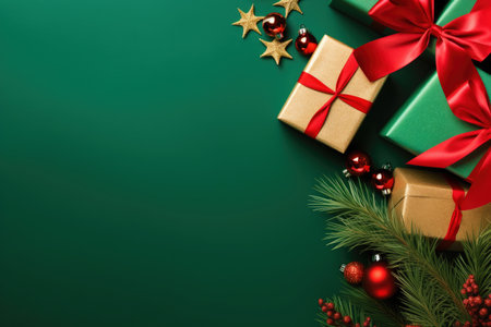 Christmas balls, presents and golden stars on green backgroundの素材