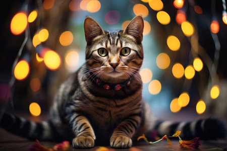 A cat on Christmas background, adorned with twinkling lights and a festive treeの素材
