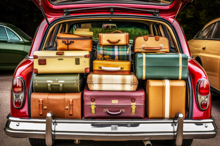 Retro car with luggage in trunk. Suitcases and bags in trunk of carの素材