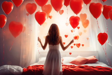 A happy woman enjoys a love-filled moment in bedroom with heart-shaped balloonsの素材