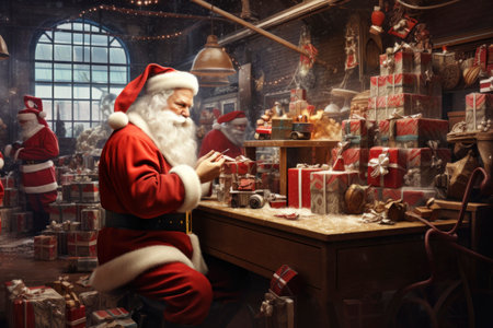 Santa Claus works diligently, creating and wrapping toys in his festive workshopの素材