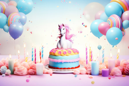 Birthday card with unicorn, cake, balloons and candles in bright colorsの素材