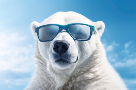 A stylish polar bear donned in sunglasses against the vast blue skyの素材