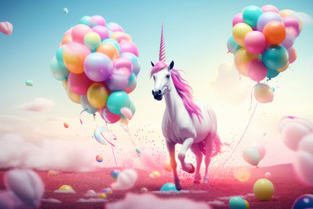 Birthday card with unicorn, balloons and candles in bright colorsの素材