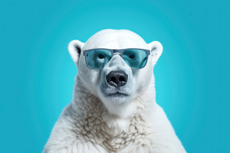 White polar bear in sunglasses against a stylish blue backdropの素材